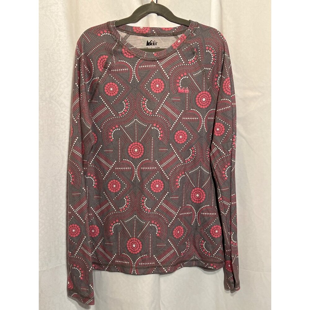 REI Kids Long Sleeve Patterned Shirt L 14-16 Gray & Pink Geometric Design Polyes